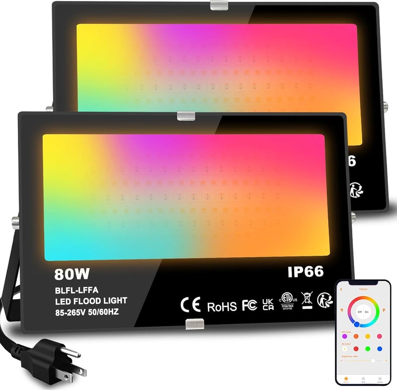 MELPO ضوء الفيضانات LED خارجي 800 واط مكافئ 8000 لومن إضاءة المناظر الطبيعية الذكية RGB مع تحكم عبر التطبيق، مشاهد DIY - توقيت - أبيض دافئ 2700 كيلفن - إضاءة ملونة متغيرة، مقاوم للماء IP66 قابس أمريكي (عبوة 2) - Image 1